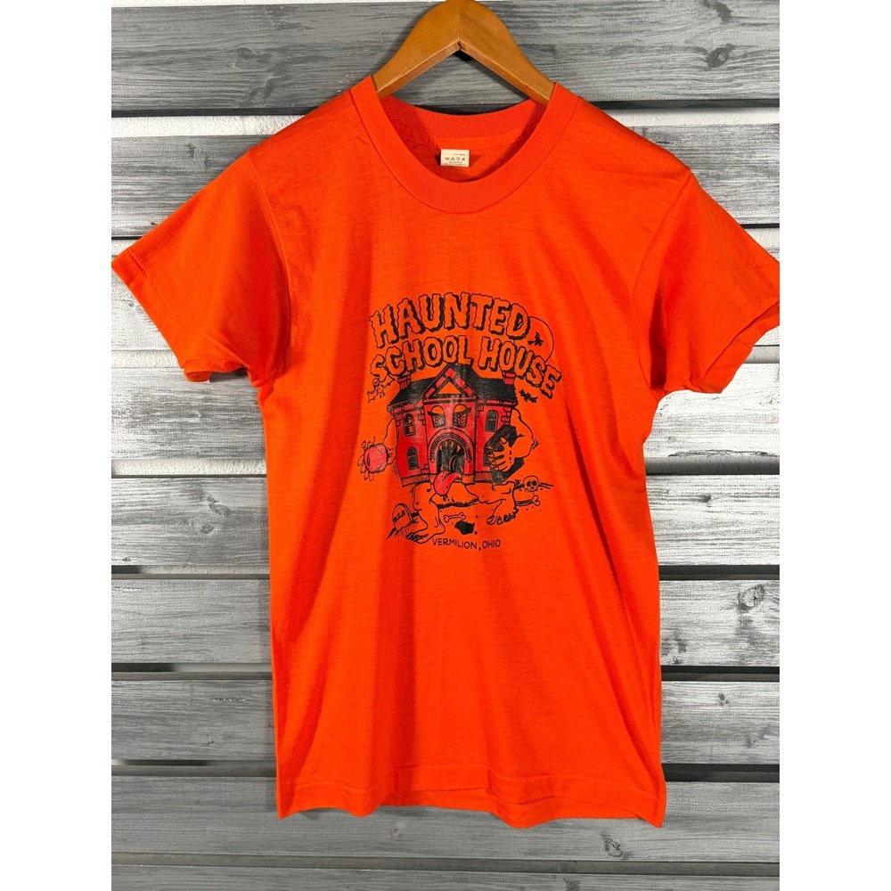 Vtg 1986 Haunted School House Halloween Screen Stars T-Shirt Orange Small 80s